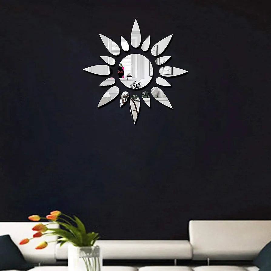 Bikri Kendra Sun Silver Model-10 Mirror Stickers for Wall, Acrylic Mirror Wall Decor Sticker