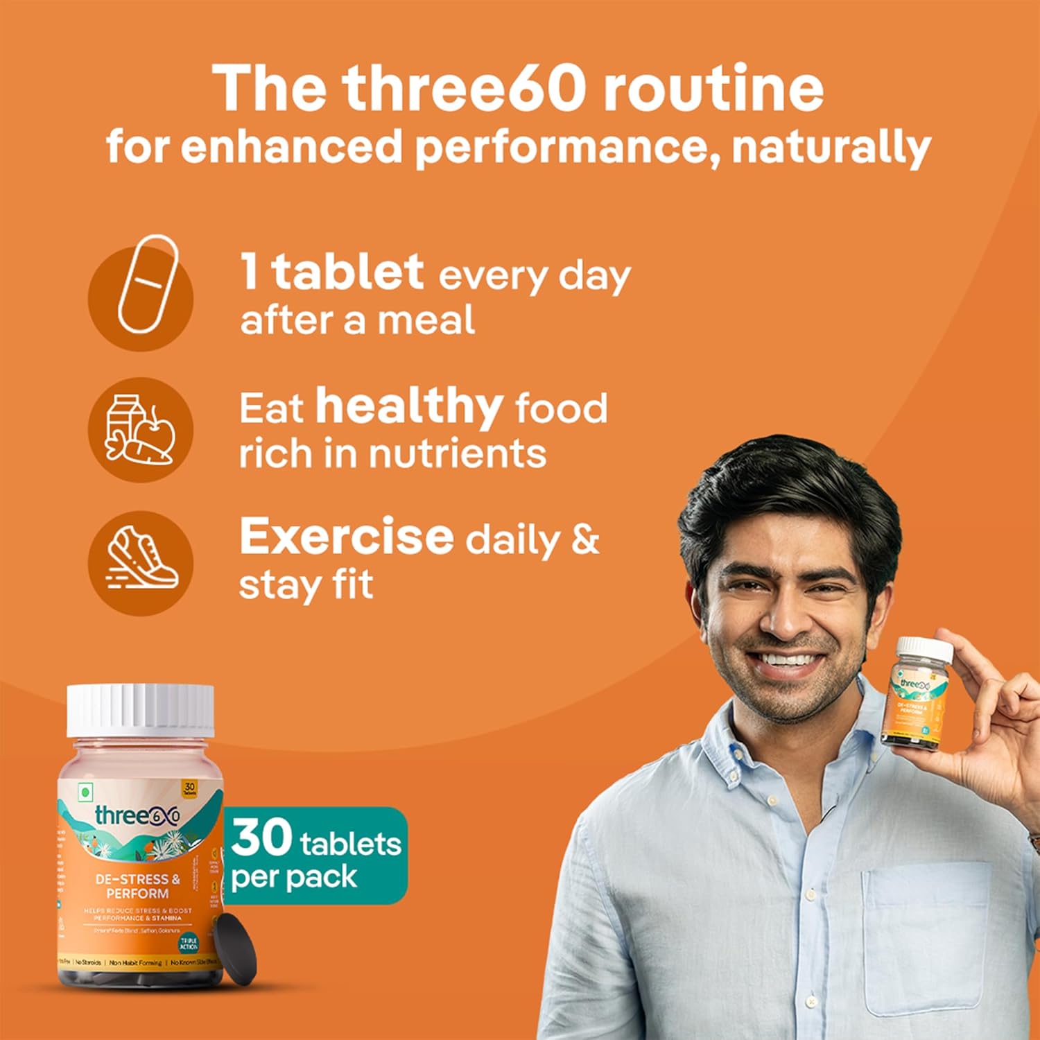 three60 DE-STRESS & PERFORM Tablets | Testosterone Supplement | Helps Boost Stamina | Helps Reduce Stress | SynuraÂ® Forte Blend, Saffron, Gokshura | No Steroid | Non Habit Forming | 30 Tablets