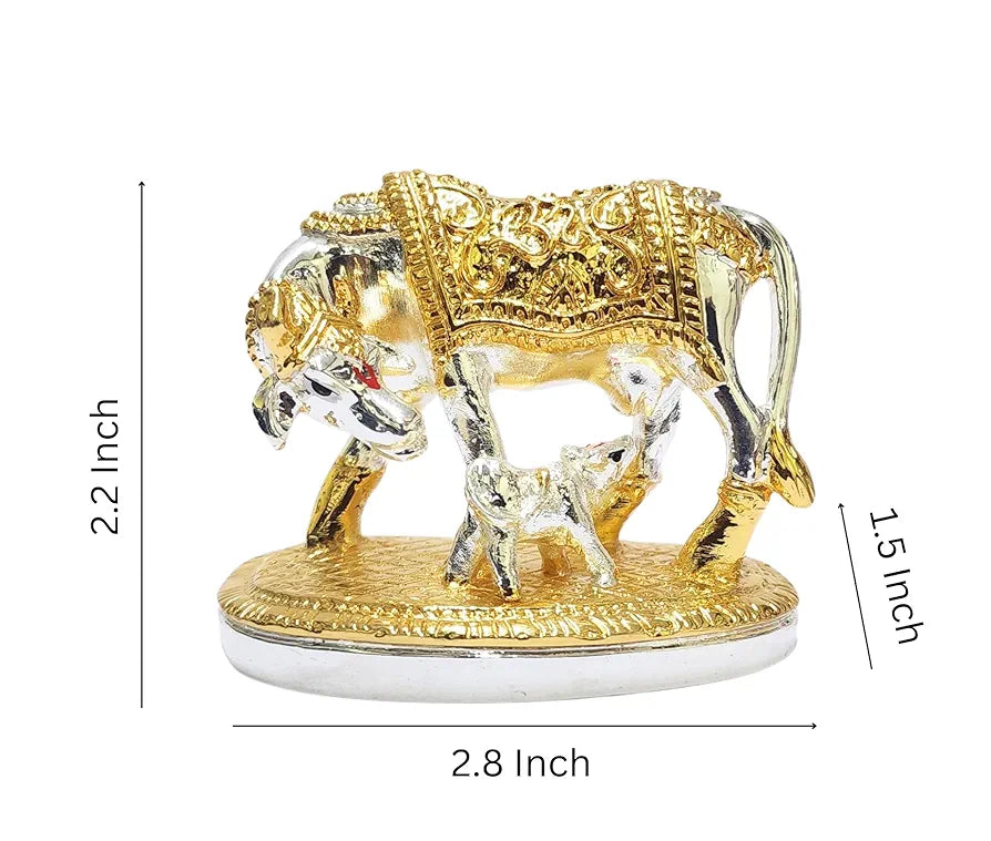 Gold Art India Om Kamdhenu Cow with Calf Idol  Gold Silver Plated