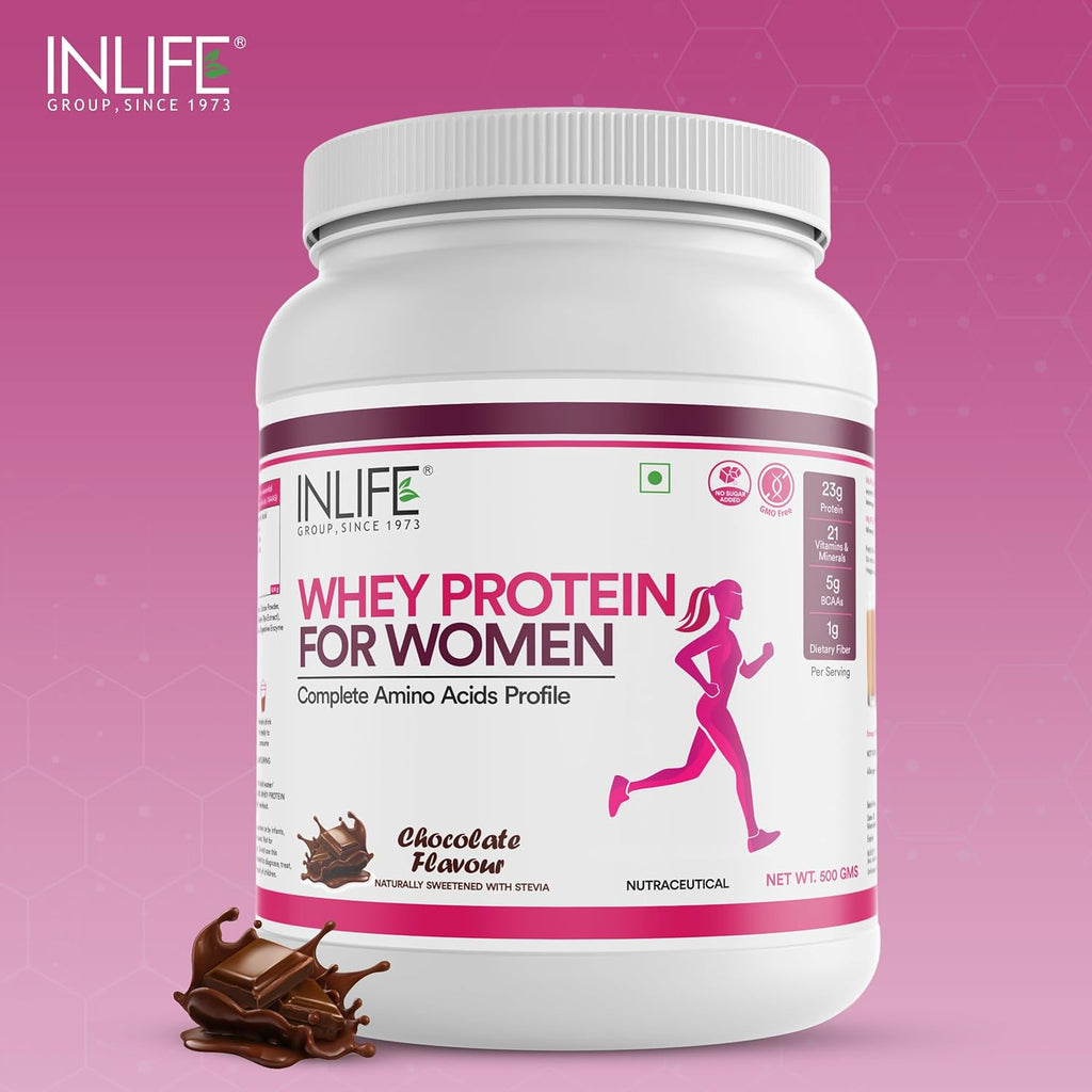 INLIFE Whey Protein Powder for Women | Ayurvedic Herbs, 23g Protein, 21 Vitamins Minerals, Omega 3 6, Digestive Enzymes, Hair Skin Nails 500g (500g, Chocolate)