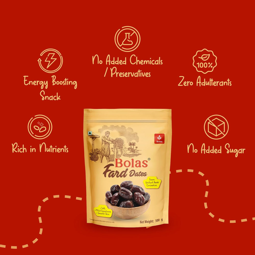 Bolas UAE Fard Dates 500g | Soft & Smooth Khajur/Khajoor | Mild Sweetness | Naturally Low-Fat | No Added Sugar | No Preservatives | Rich in Fibre | Dry Fruits