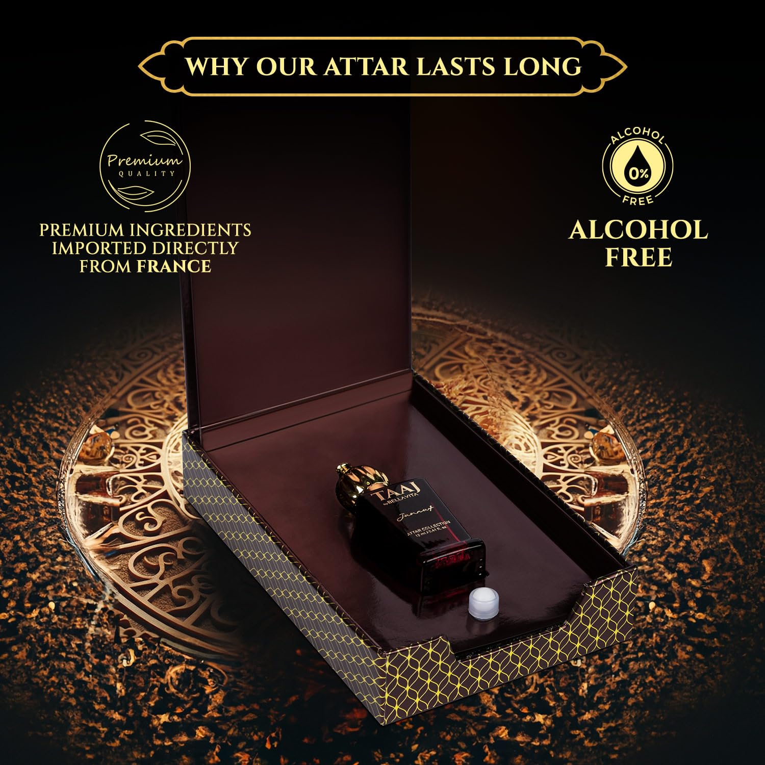 BELLAVITA TAAJ Jannat Unisex Long Lasting Attar for Man and Woman 12ml | Cinnamon, Oud, Cedar, Patchouli and Tonka Bean | Non-Alcoholic Roll On | Ideal Gift