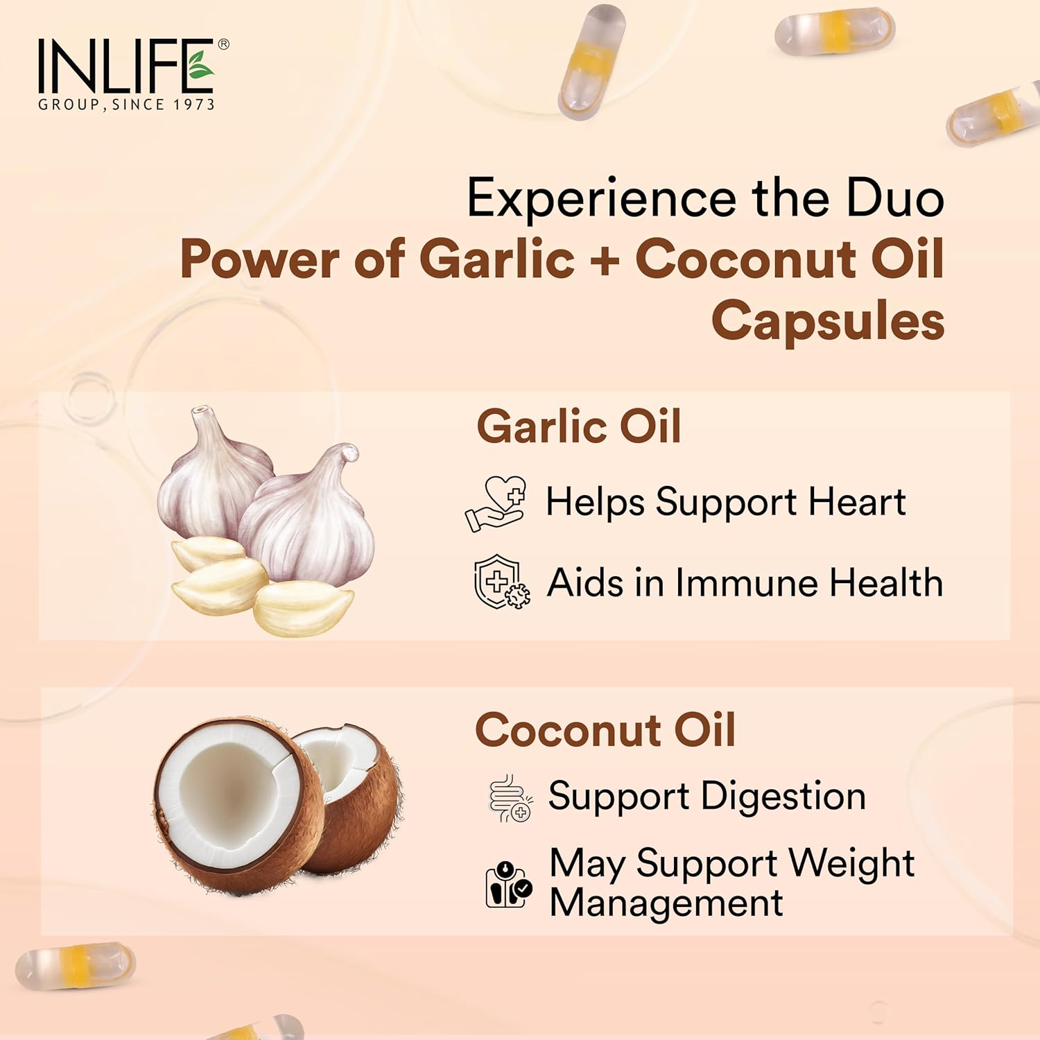 INLIFE Natural Garlic Oil with Coconut Oil Filled Capsules | Extra Virgin Cold Pressed Oil | Helps Support Heart Health, Immunity & Digestion | 60 Vegetarian Capsules
