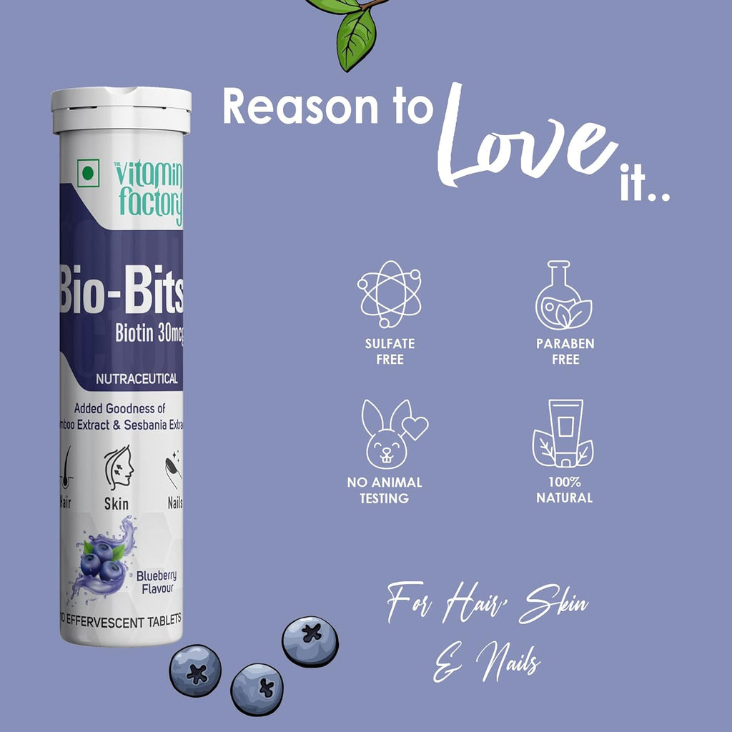 The Vitamin Factory Biotin Effervescent Tablets - Blueberry Flavor - 20 Tablets - Hair Growth, Fall & Health - Bamboo, Sesbania, Vit C, N-Acetyl L-Cysteine