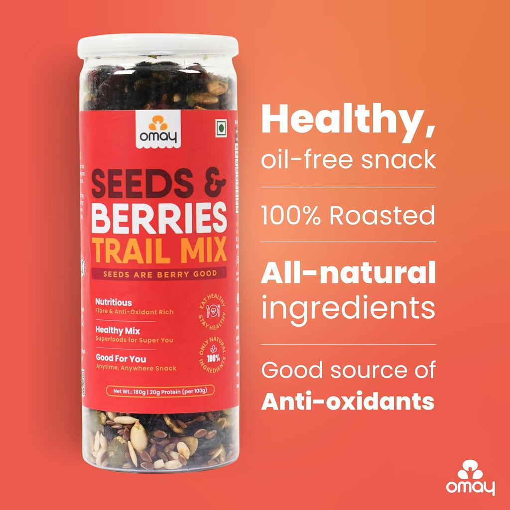 Omay Foods Seeds & Berries Mix, 180g Jar | Trail Mix | Roasted Seeds, Dried Berries | Antioxidants, Omega-3 & Fibre | No Added Sugar | Oil-Free | Healthy Snack for Weight Loss