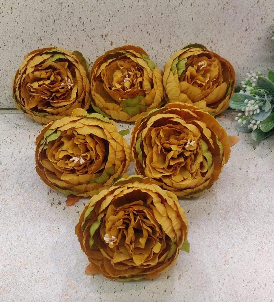 6 Pcs Artificial Fabric Rose Flower Heads Handmade Peony Style Flowers Yellow