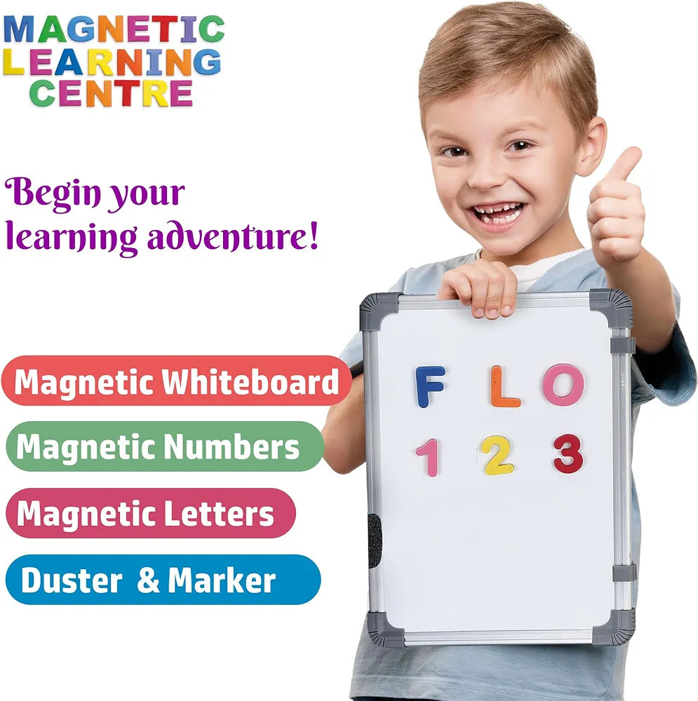 FLO Toys Magnetic Learning Centre for Kids Double-Sided Magnetic Board with A-Z Letters, 0-9 Numbers Marker & Duster Educational Preschool Toy for Boys & Girls