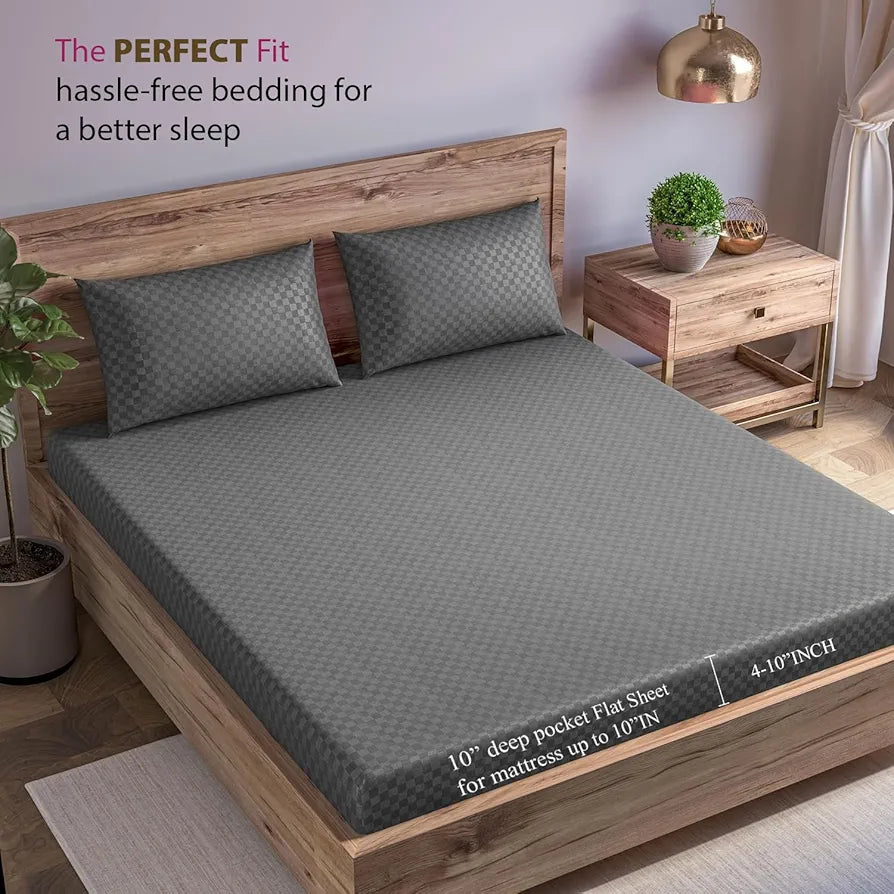 Trance Home Linen Premium Skin Friendly 100% Cotton Jacquard Weave Fitted Bedsheet for King Size Bed with 2 Pillow Cover 300TC 78 x 72 InchesColour Dark Grey