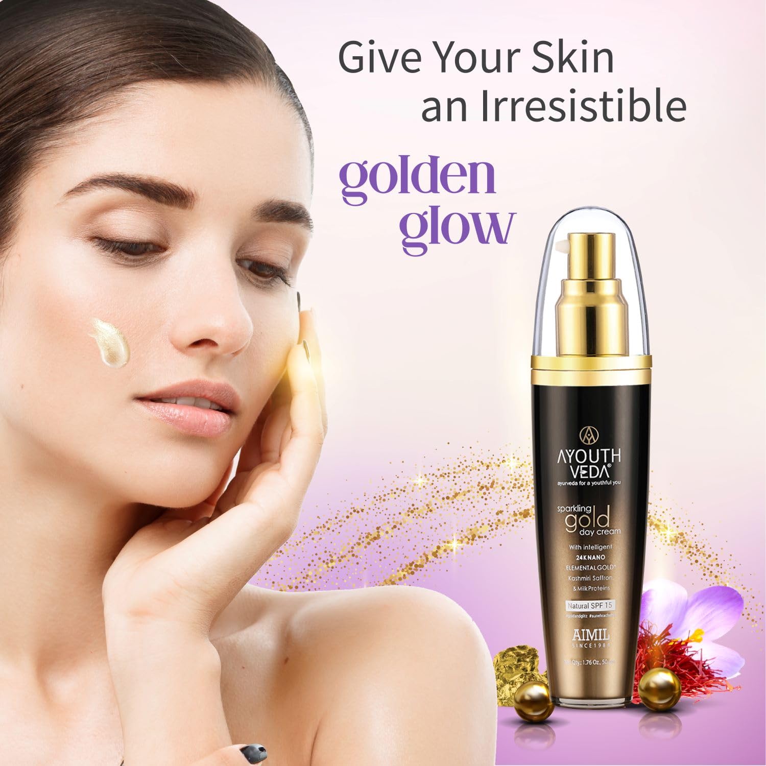Ayouthveda Sparkling Gold Day Cream | 24K Nano Gold & Kashmiri Saffron | Anti-Ageing, Brightening & Blemish Reduction | Restores Skin Elasticity | Natural SPF Protection | For Dry to Normal Skin (50g (Pack of 1))
