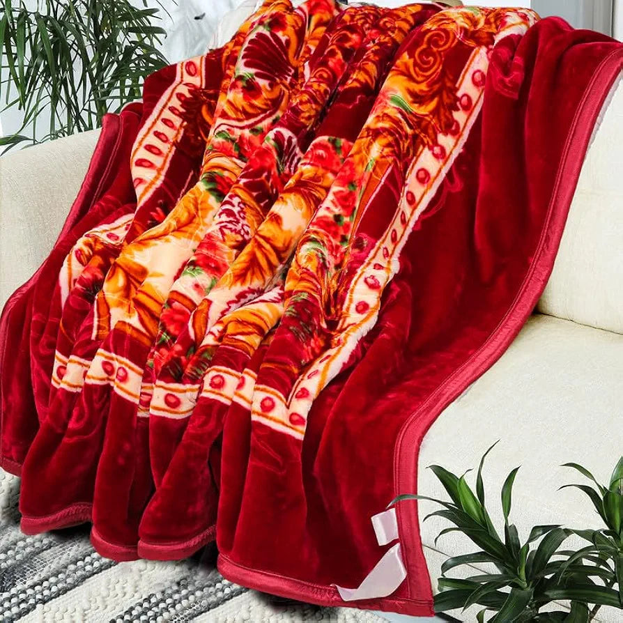 Homekart Super Soft Cloudy Printed Double Bed Blanket for Heavy Winter Single Ply Mink Blanket King Size TC 400 Red and Beige