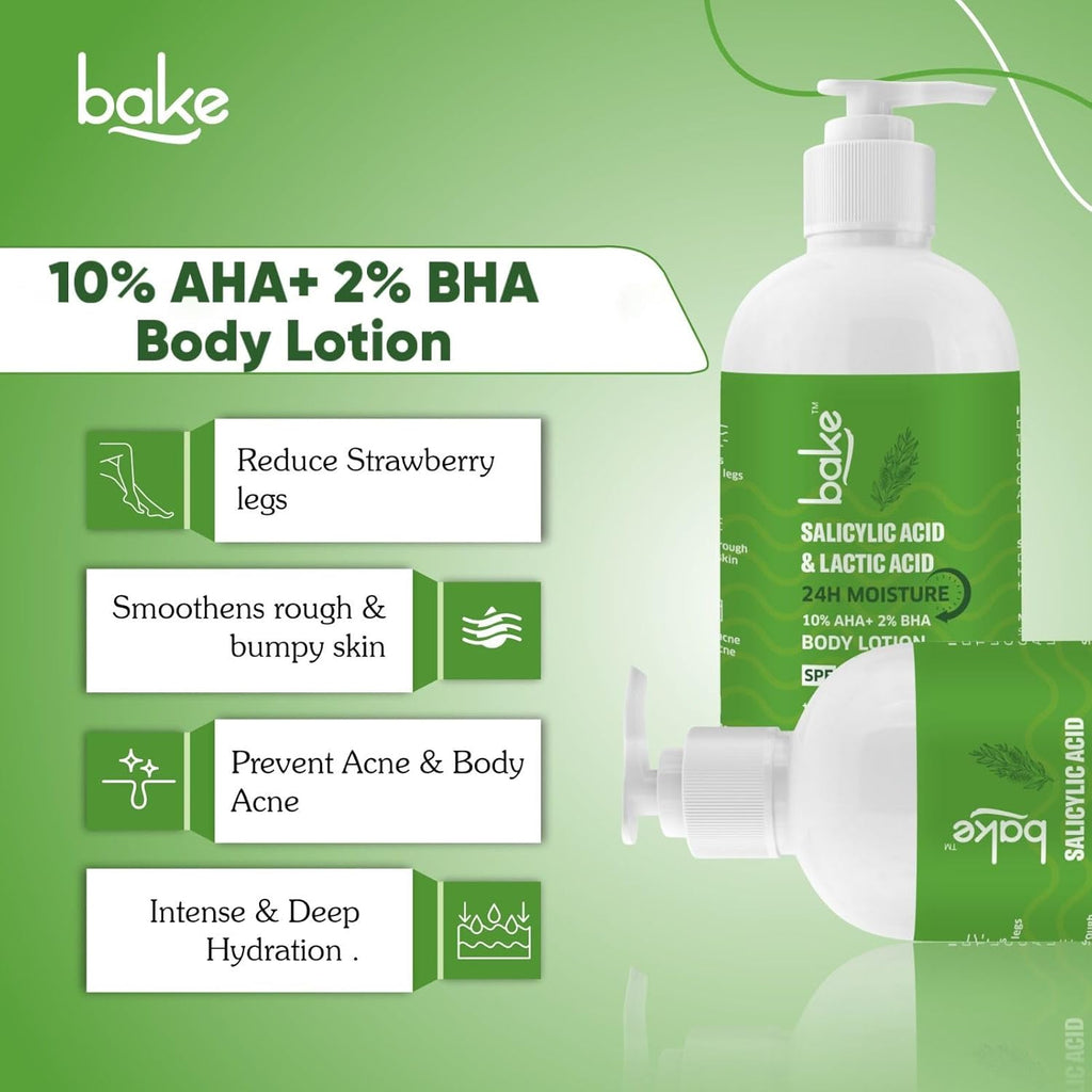 BAKE 10% AHA + 2% BHA Body Lotion SPF 30 PA+++ for Strawberry, Rough & Bumpy Skin | Lactic Acid & Niacinamide | 200ml