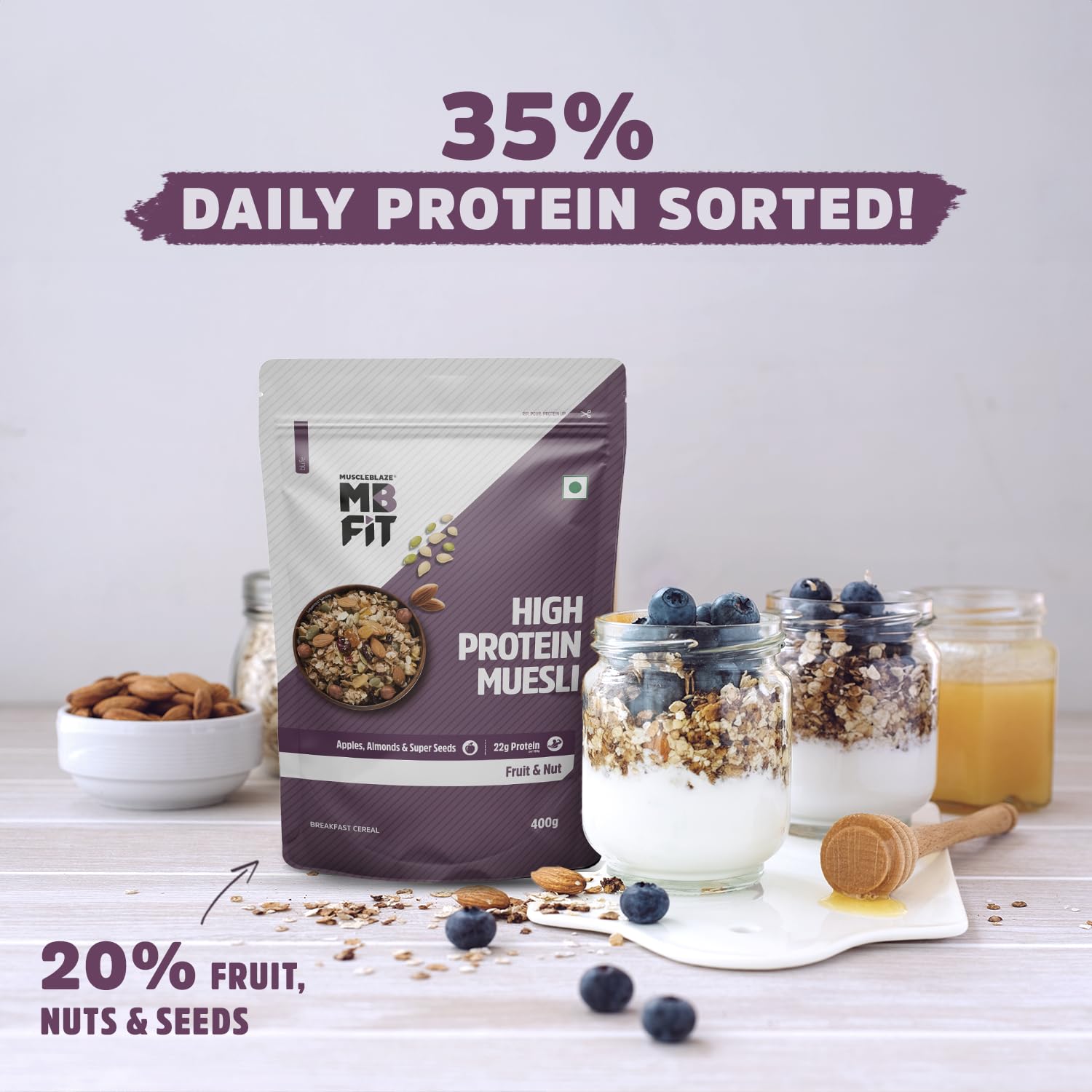 MuscleBlaze Fit High Protein Muesli, Fruit & Nut, 400g | 22g Protein | With Apple, Almonds & Super Seeds, High Protein Breakfast Cereals