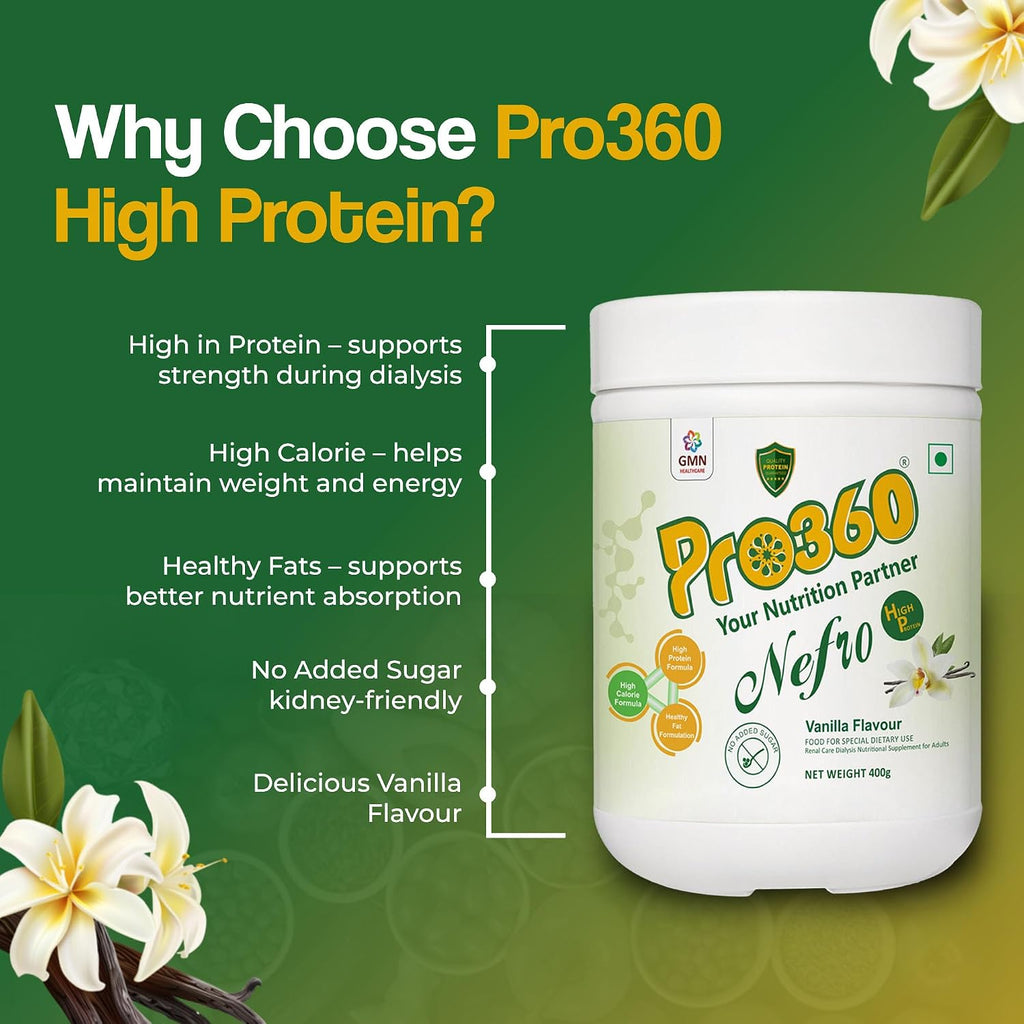 Pro360 Nefro HP Powder â€“ Vanilla Flavour, 400g â€“ High Protein Dialysis Care Nutritional Supplement for Renal Support â€“ Vanilla Protein Powder with L-Taurine, L-Carnitine & Essential Nutrients