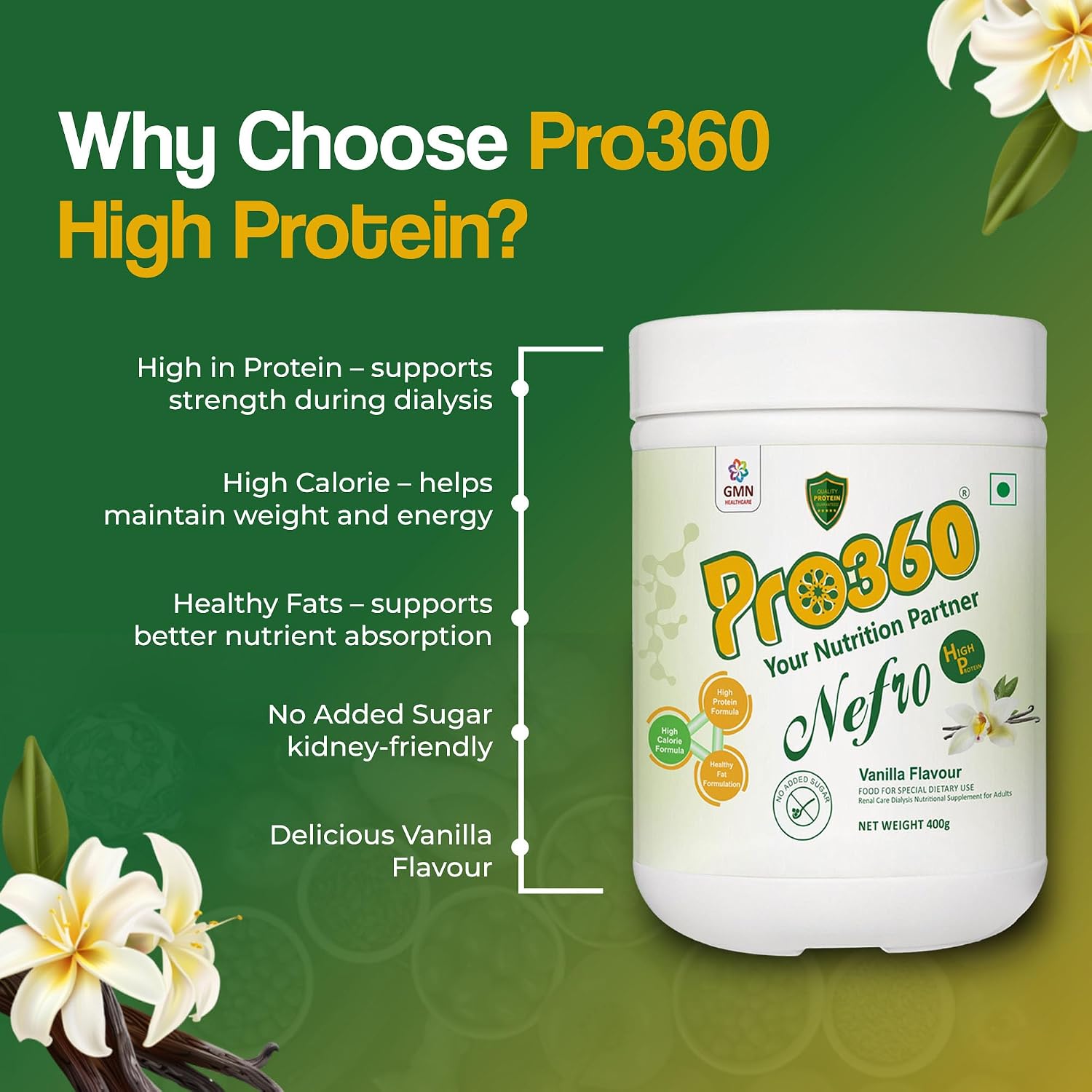 Pro360 Nefro HP Powder â€“ Vanilla Flavour, 400g â€“ High Protein Dialysis Care Nutritional Supplement for Renal Support â€“ Vanilla Protein Powder with L-Taurine, L-Carnitine & Essential Nutrients