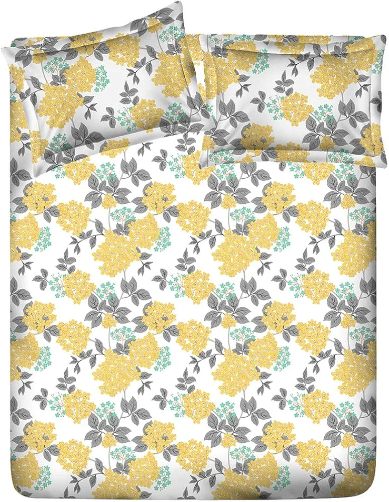 Layers Toughened Cotton Bedsheet for Double Bed King Size with Pillow Cover Set 225 TC Yellow Floral Pattern