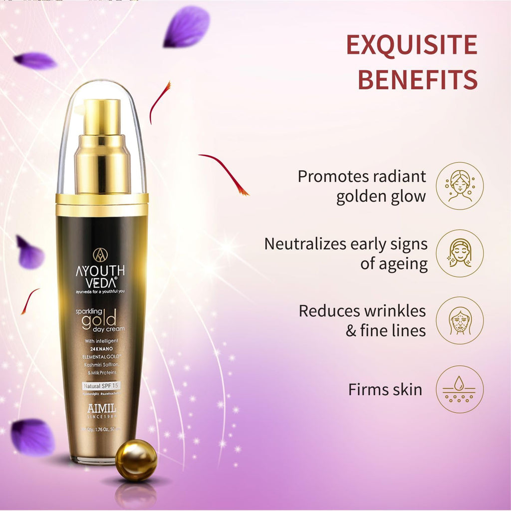Ayouthveda Sparkling Gold Day Cream | 24K Nano Gold & Kashmiri Saffron | Anti-Ageing, Brightening & Blemish Reduction | Restores Skin Elasticity | Natural SPF Protection | For Dry to Normal Skin (50g (Pack of 1))