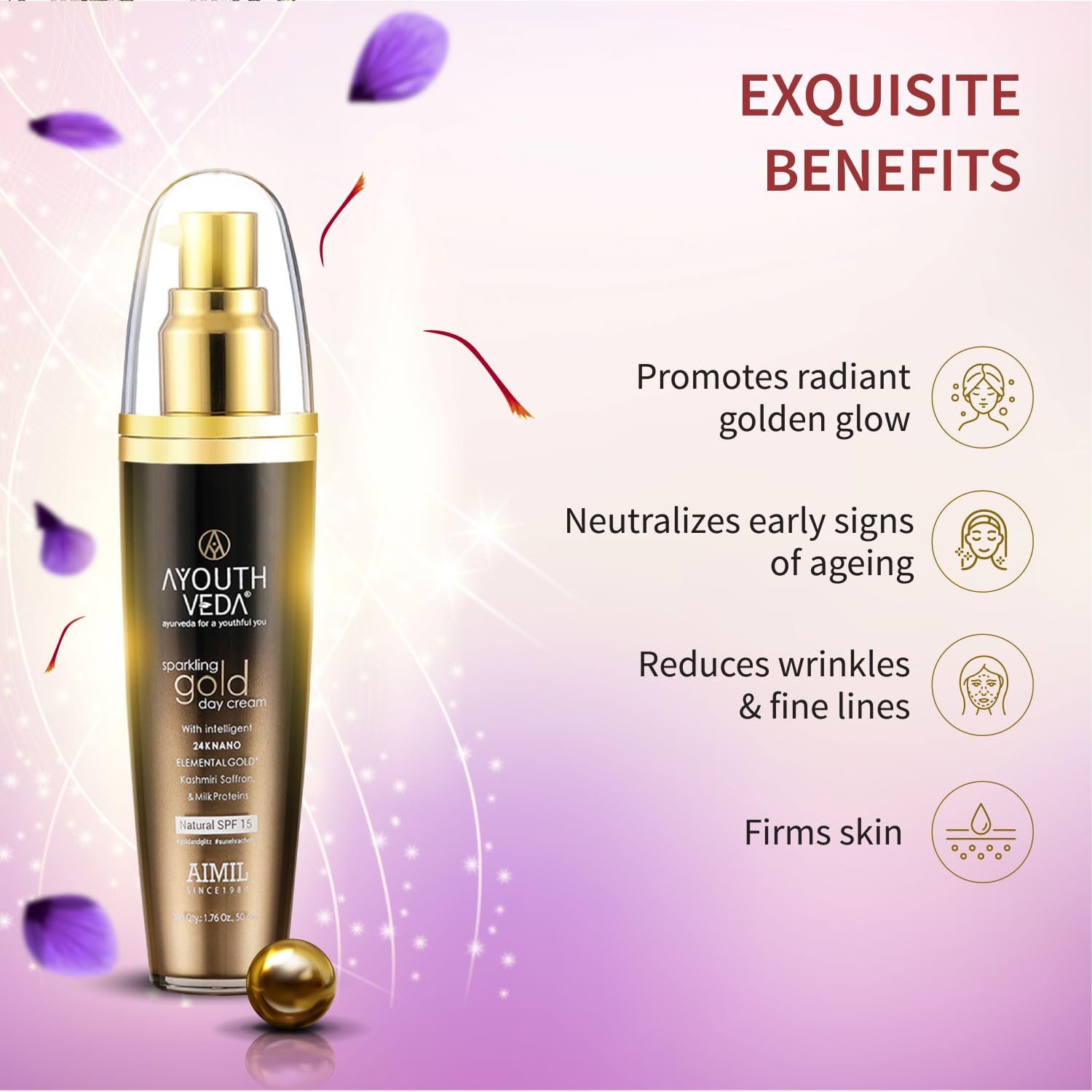 Ayouthveda Sparkling Gold Day Cream | 24K Nano Gold & Kashmiri Saffron | Anti-Ageing, Brightening & Blemish Reduction | Restores Skin Elasticity | Natural SPF Protection | For Dry to Normal Skin (50g (Pack of 1))