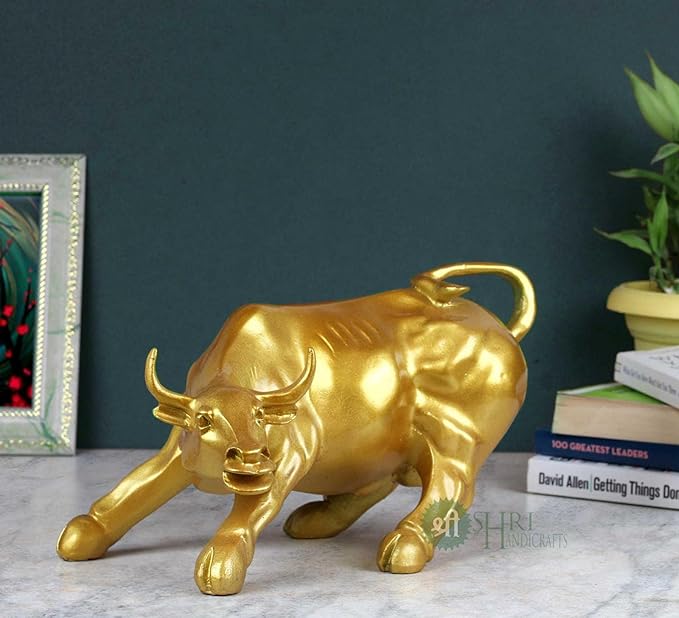 Indicast Resin 10" Inch Geometric Statue Golden Bull Action Sculpture Ornament Abstract Animal Figurines Room Desk Decor | Gold