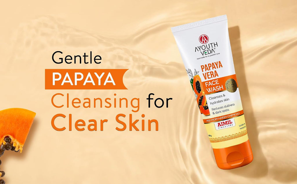 Ayouthveda Papaya Vera Face Wash with Real Papaya Extract for Dry to Normal Skin | Deep Cleansing, Removes Dullness, Dark Spots & Impurities | Hydrating, Sulfate-Free Gentle Formula | 100 g (Pack of 1)