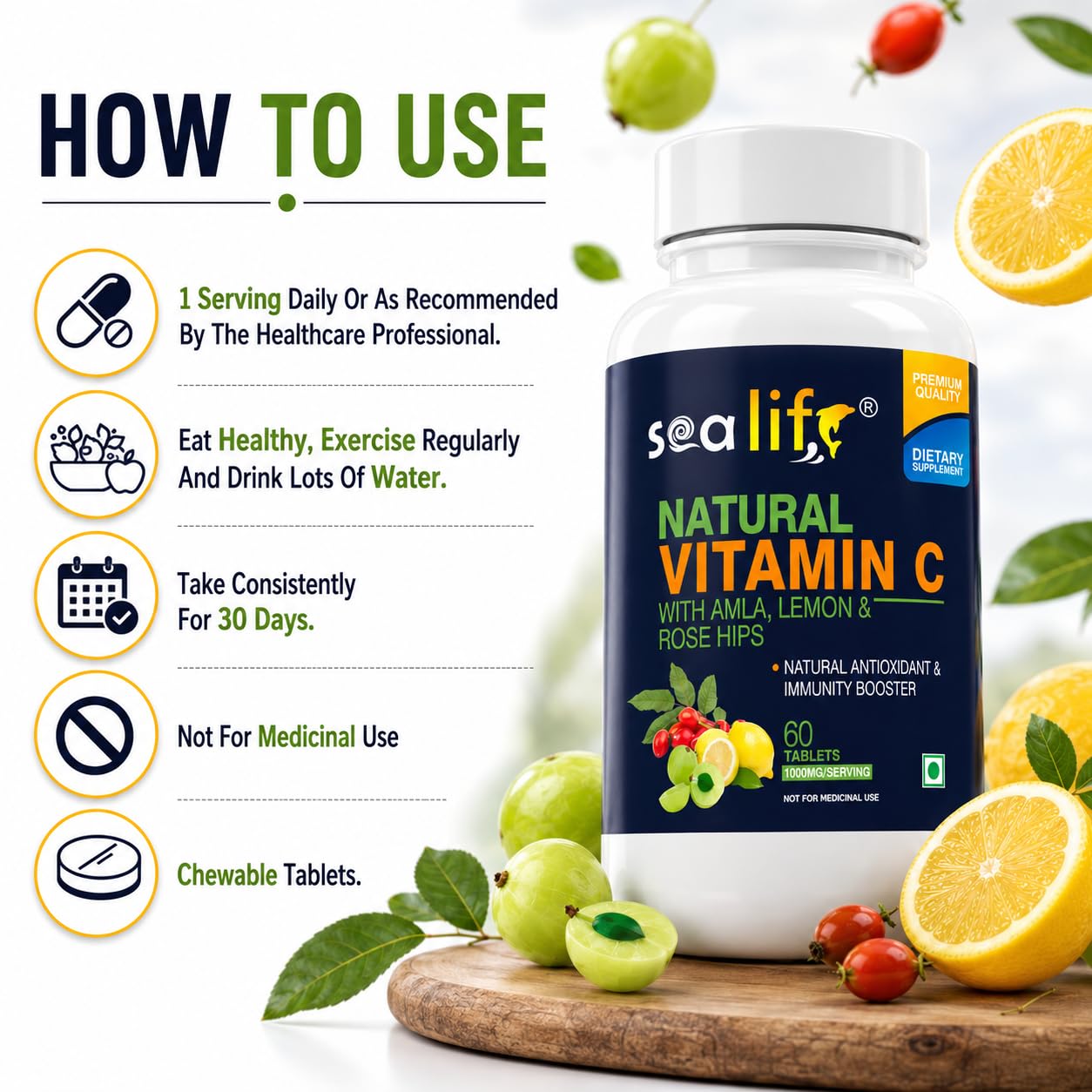 Sea Life Natural Vitamin C 1000 mg (60 Veg Tablets) sourced from 100% Natural Amla, Lemon & Rose Hips Extracts | Promotes Glowing Skin | Immunity Booster & Antioxidant | _Parent (Pack of-1)