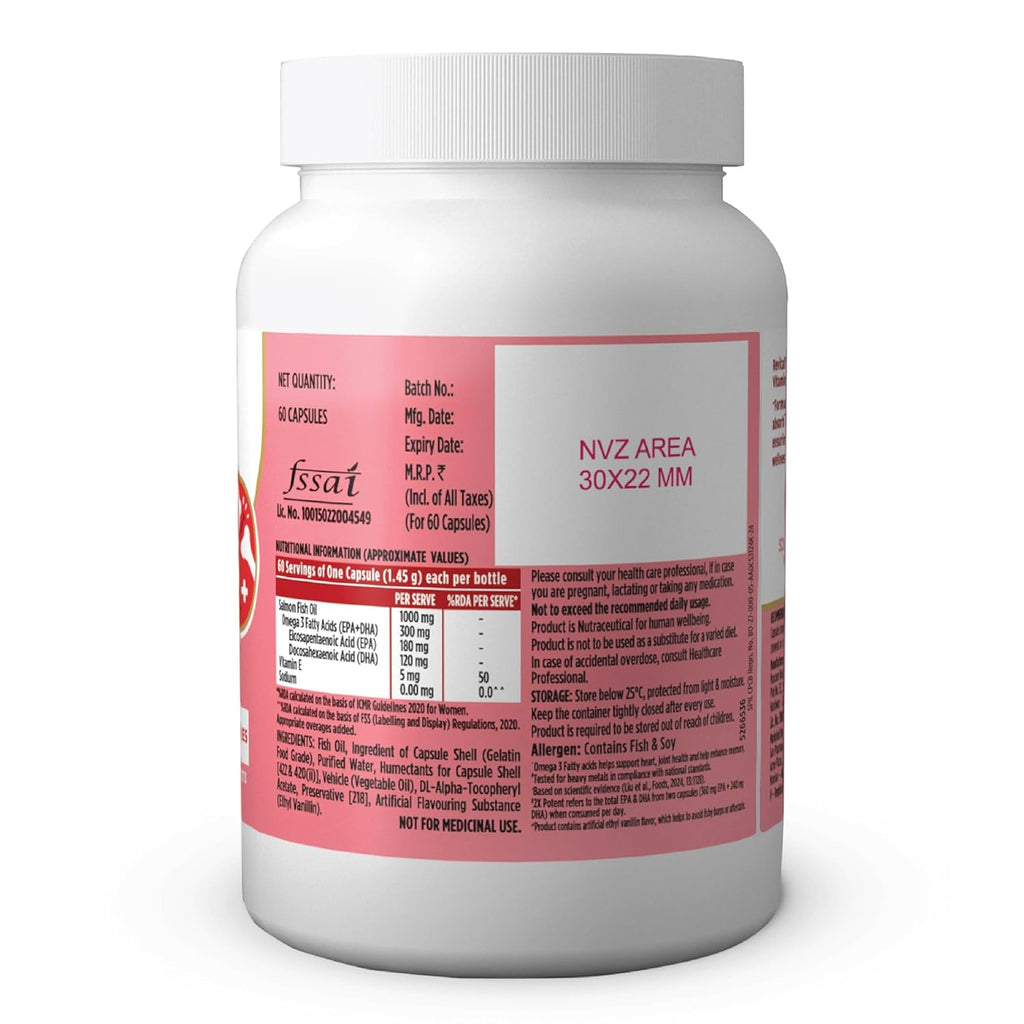 Revital Omega 3 Salmon Fish Oil 1000mg Capsules with EPA 180mg & DHA 120mg | Triglyceride Form | Supports Heart, Joint & Brain Health | Vitamin E Enriched | No Fishy Burps | 60 Capsules | Heavy Metal Tested