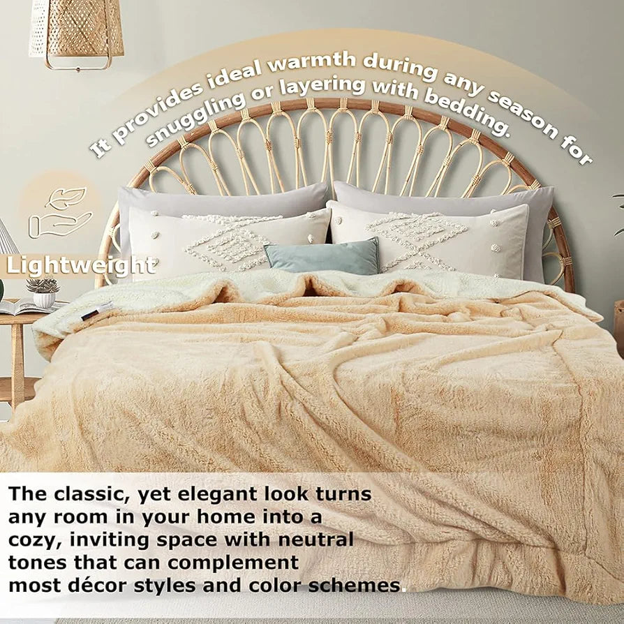 Homekart Faux Rabbit Fur with Sherpa Luxurious Soft Fluffy Cozy Fuzzy Warm Reversible Blanket for Single Size Bed Blanket Color Beige