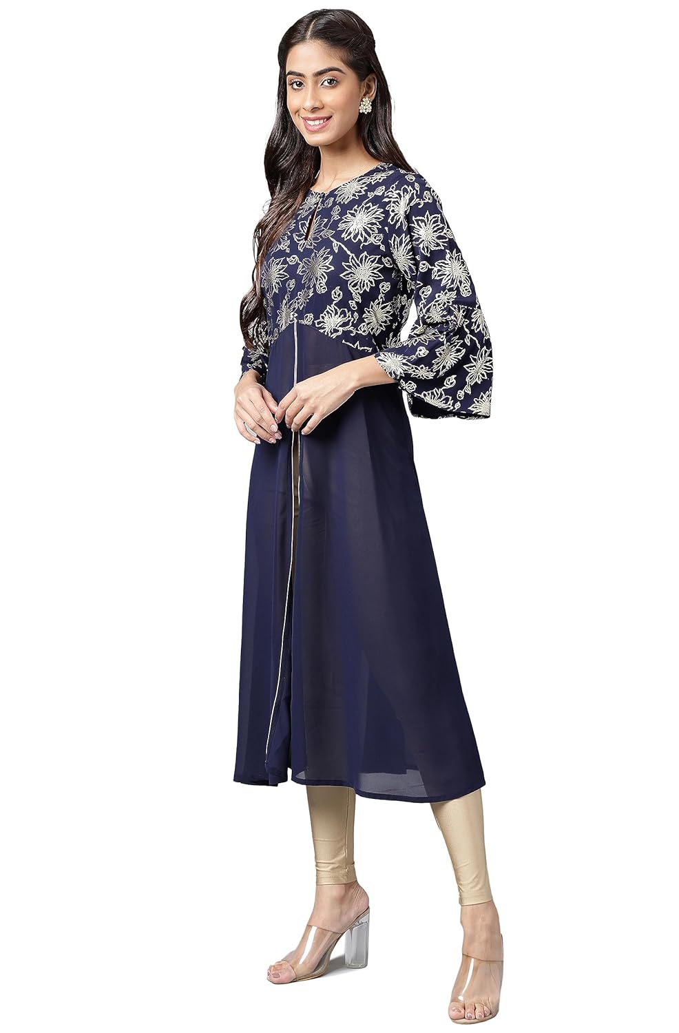 Janasya Women's Navy Blue Georgette Foil Printed A-Line Front Slit Kurta