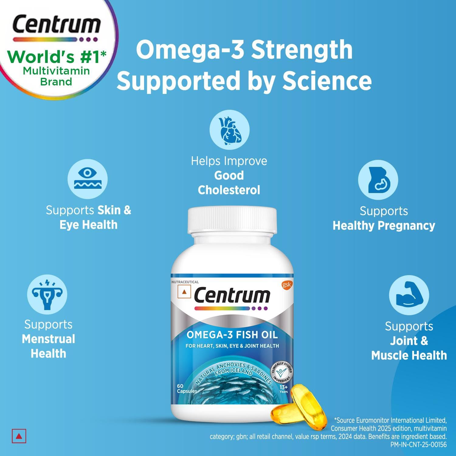 Centrum Omega 3 Fish Oil Capsules 1000mg Supplements | Omega 3 with 180mg EPA, 120mg DHA for Hair and Skin Health, Joint Health, Brain Health | No Fishy Aftertaste - 60 Capsules