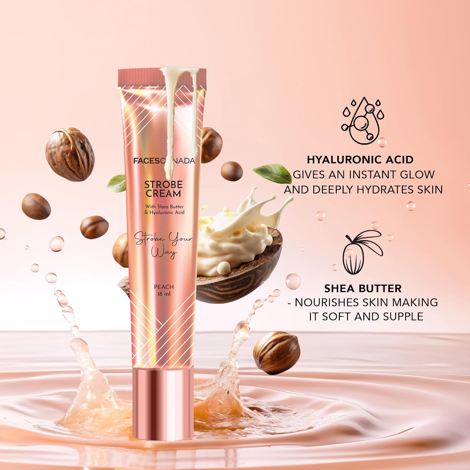 FACES CANADA Strobe Cream Mini- Peach, 18ml | Primer + Highlighter + Moisturizer | Shea Butter & Hyaluronic Acid | Intense Hydration | Flawless Radiant Dewy Skin | Illuminating & Glowing Makeup Base