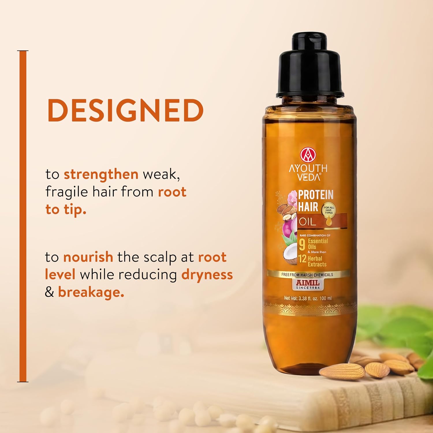 Ayouthveda Protein Hair Oil | Nourishing Oil to Repair Damage | With Bhringraj, Coffee, Arhar & Urad Dal | Blend of 9 Nourishing Oils and 12 Herbal Extracts | Helps Improve Hair Strength, Shine & Softness | For All Hair Types | 100 ml