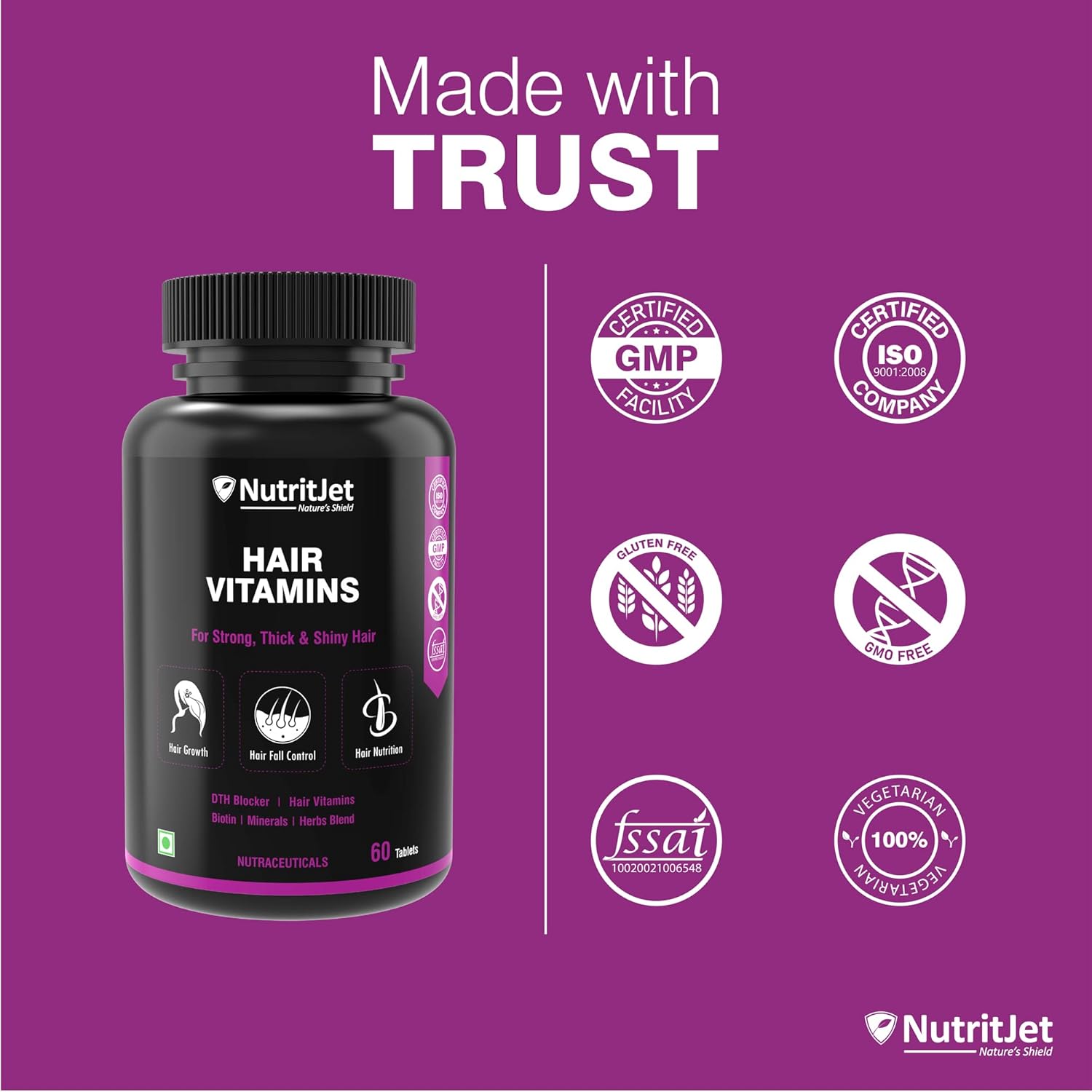 NutritJet Hair Vitamins With DHT Blocker, Biotin, Vitamin E, B3, Calcium & Zinc for Better Hair Growth & Hair fall Control For Women & Men, 60 Veg Tablets