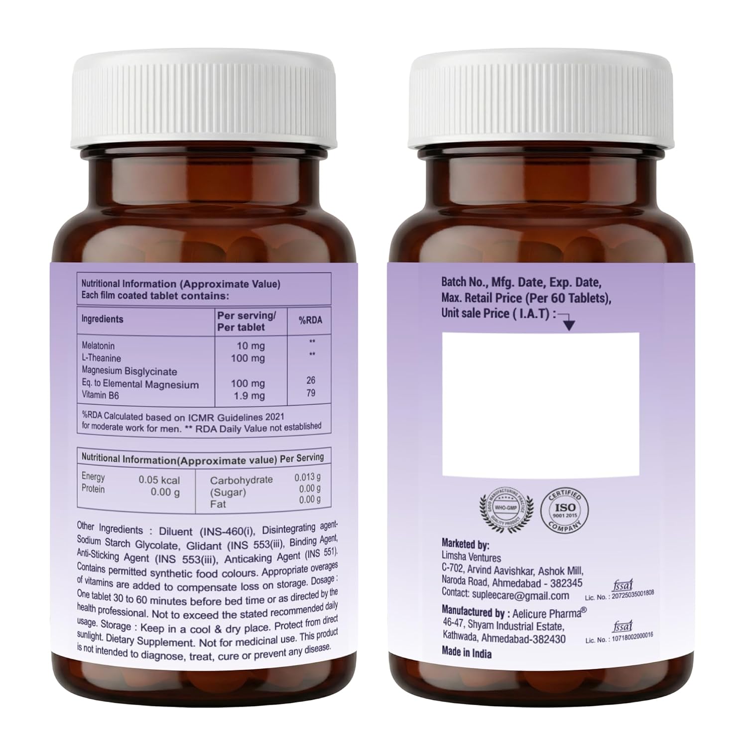 Suplee Melatonin 10mg (60 Tablets) with L-Theanine, Magnesium Glycinate & Vitamin B6 - Night Time Sleep Support Supplement - Helps with Deep Sleep & Mental Relaxation - Non-Habit Forming
