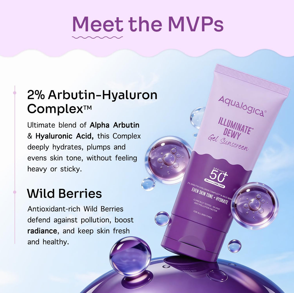 Aqualogica Illuminate+ Dewy Gel Sunscreen SPF 50+ PA++++, 80g | 2% Arbutin-Hyaluron Complex & Wild Berries | Broad Spectrum UVA/UVB & Blue Light Protection | Fragrance-Free | No White Cast | Lightweight | For Men & Women