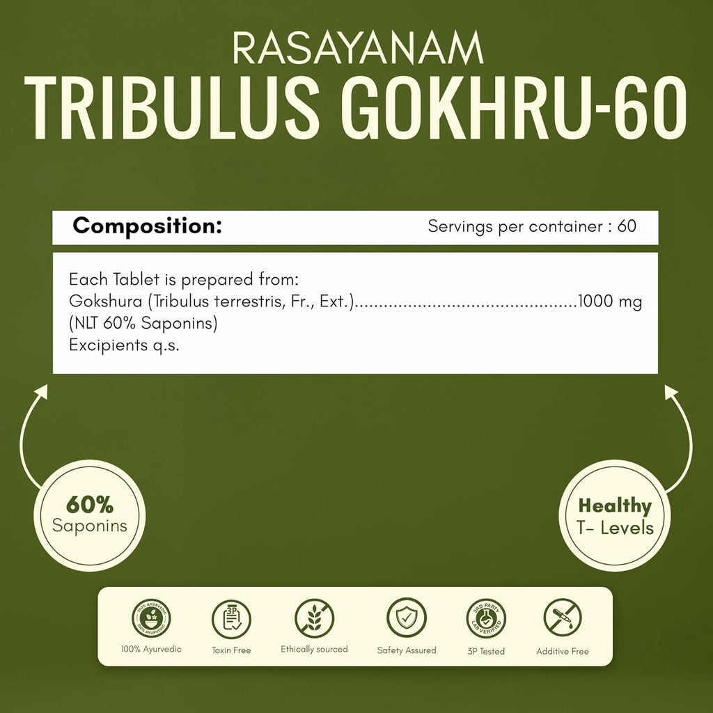 Rasayanam Gokshura Tablets 1000mg Gokhru per Serving, Highest Saponins 60%, Tribulus Terrestris for Men & Women | Improves Energy, Muscle Strength, Stamina & Supports Recovery - 60 Tablets