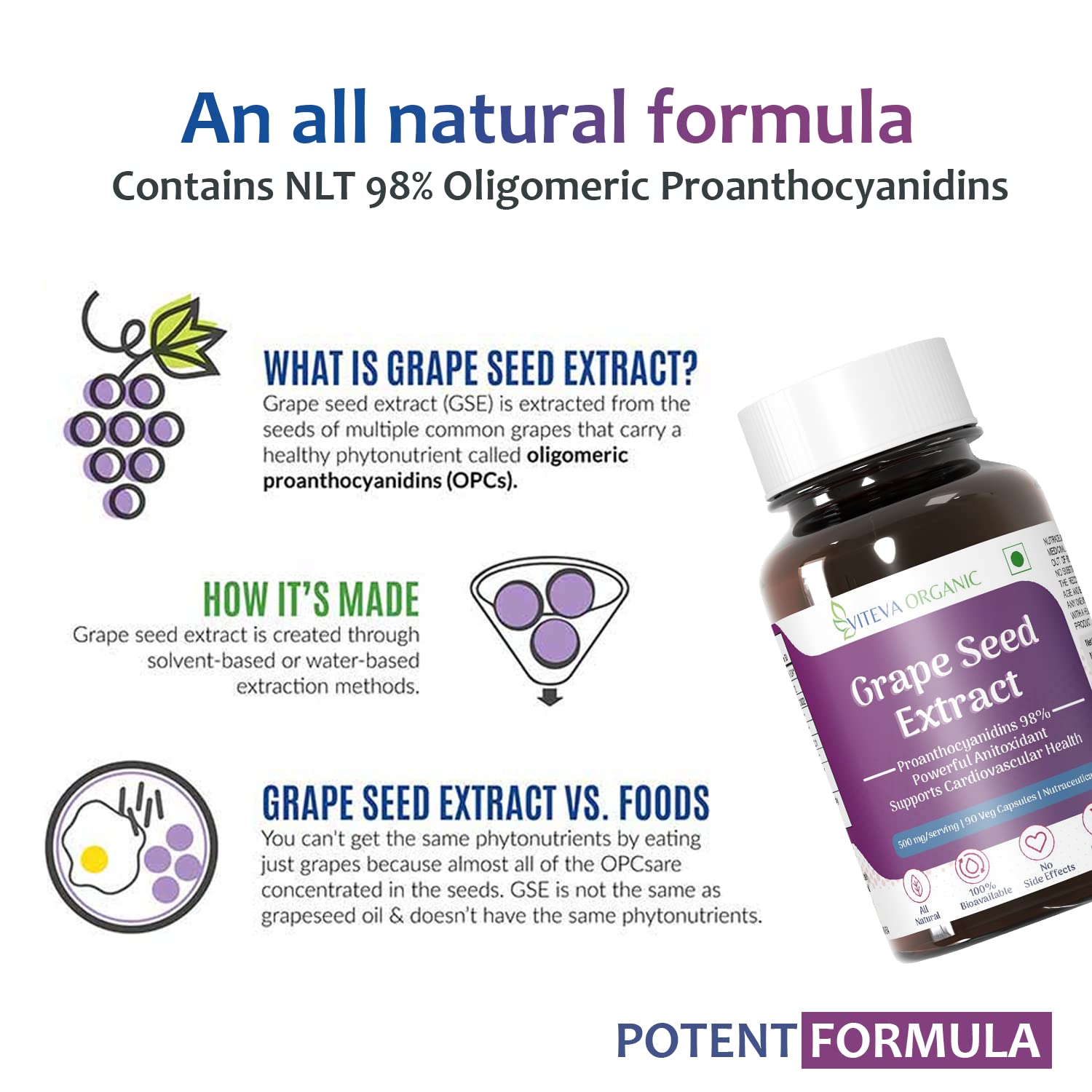 Viteva Organic Grape Seed Extract with 98% Polyphenols 500mg 90 Veg Capsules - Supports Healthy Cholesterol Levels & Immunity - Antioxidant Supplement to promote Healthy Hair & Skin