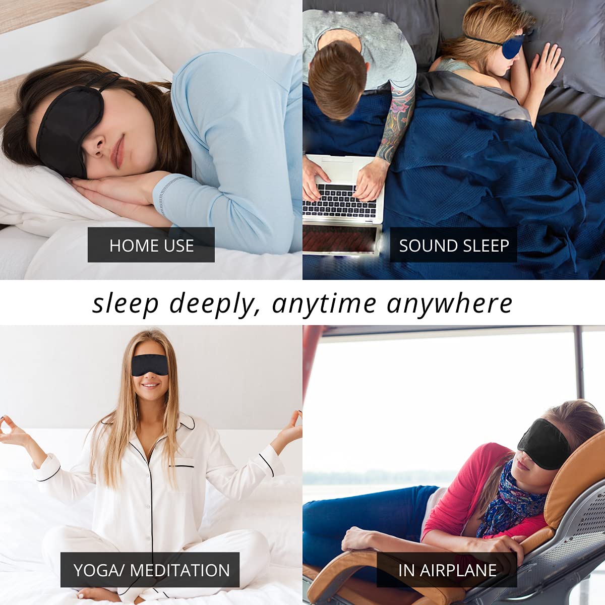 Friends of Meditation® 100% Mulberry Silk Sleep Mask – Pure Silk Eye Mask for Sleeping, Super Smooth Blackout Blindfold, Soft Adjustable Strap, Luxury Eye Cover for Travel, Meditation (Black)