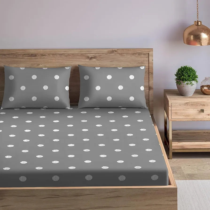Trance Home Linen 300Tc 100% Cotton 72"X60" Double Bed Size Elastic Fitted Bedsheet Printed With 2 Pillow Covers 300 tc Colour Grey White Circles