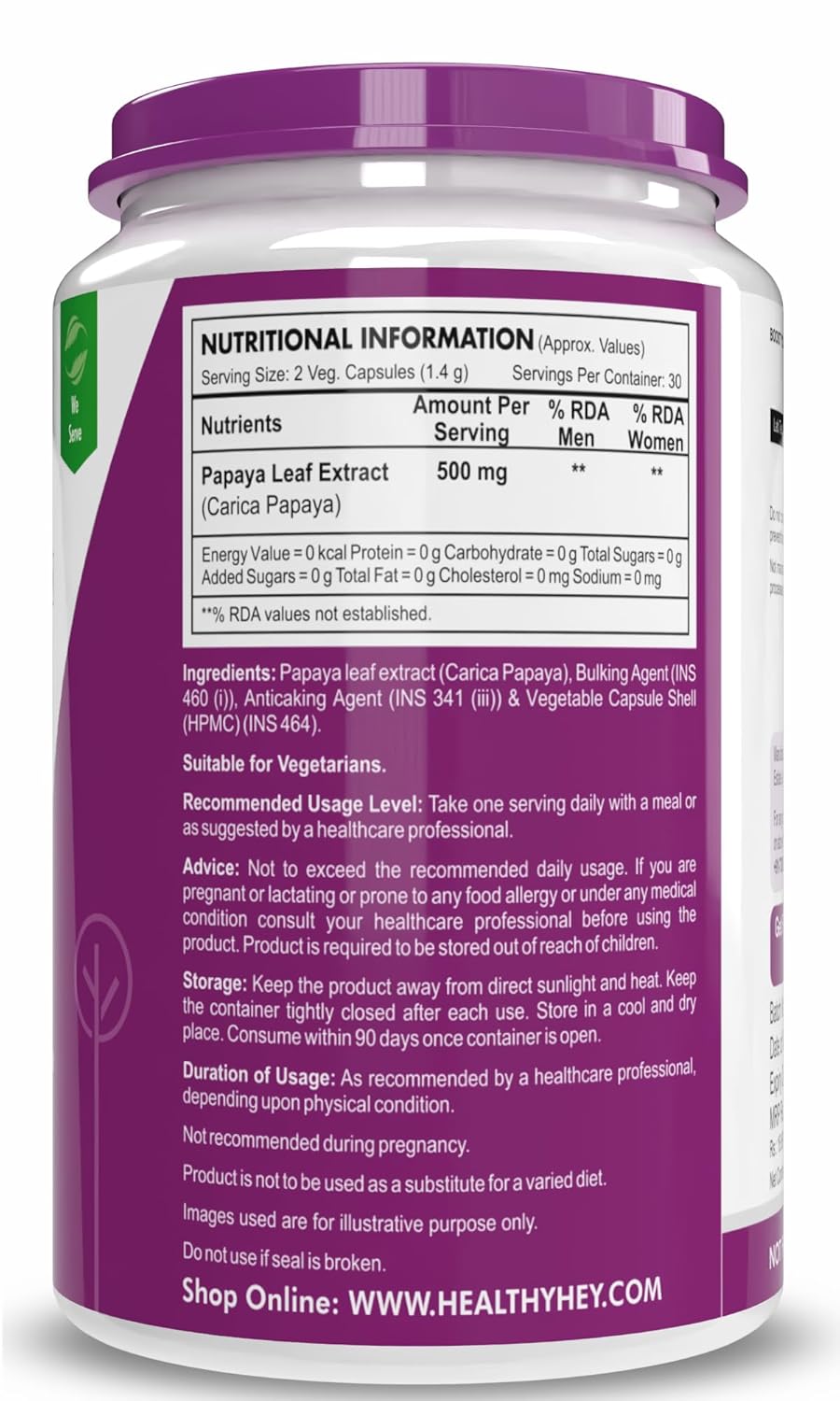 HealthyHey Nutrition Papaya Leaf Extract - 500mg/serving - 60 vegetable capsules