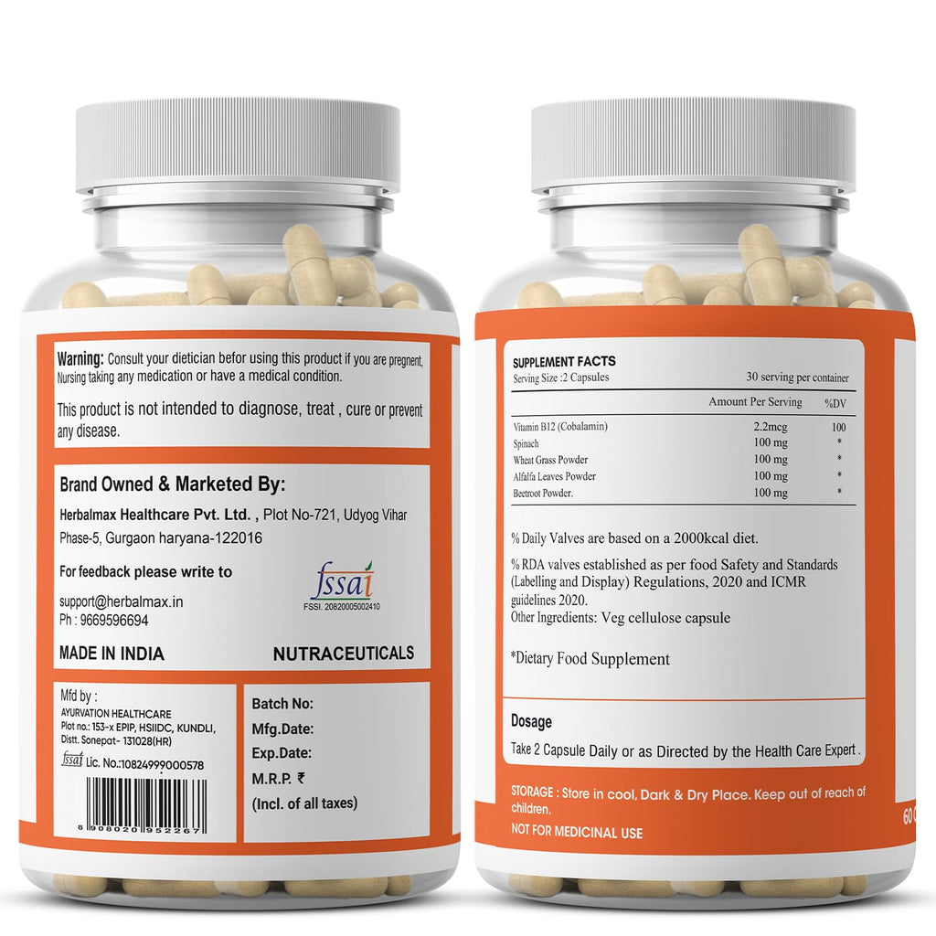 Herbalmax Plant-Based Vitamin B-12 2.2mcg â€“ 60 Veg Capsules | Boost Energy & Metabolism, Supports Healthy Nervous System, Brain Function, Mental Clarity & Focus for Men & Women