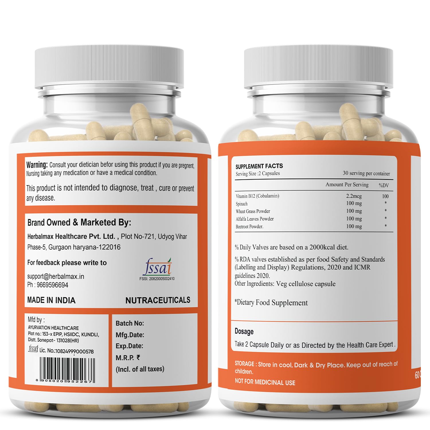 Herbalmax Plant-Based Vitamin B-12 2.2mcg â€“ 60 Veg Capsules | Boost Energy & Metabolism, Supports Healthy Nervous System, Brain Function, Mental Clarity & Focus for Men & Women