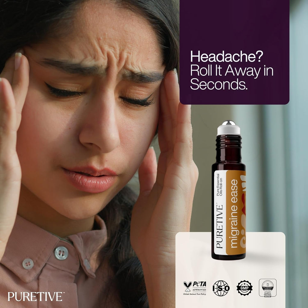 Puretive Headache Migraine Fast Relief Roll-On Sinus Advanced Pain Remedy Ayurvedic Natural Herbal Remedy with Peppermint Eucalyptus Camphor Wintergreen Arnica Essential Oils Metal Roller Ayush Certified Non Greasy Travel Friendly Roller 10ml