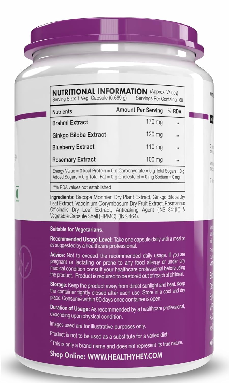 Healthyhey Nutrition BrainFocus - Natural Brain Health Formula for Memory & Focus - 60 Veg Capsules