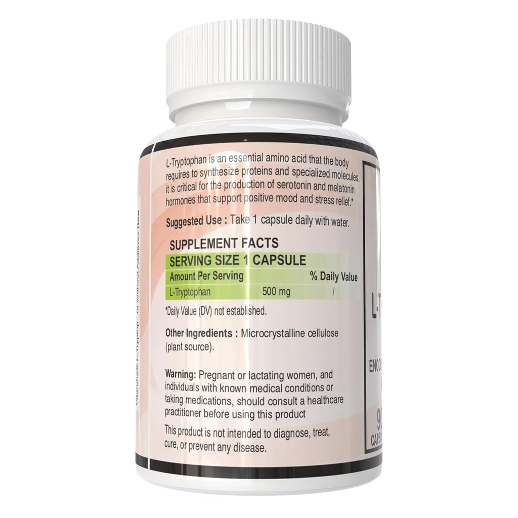 Vitaruhe® L-Tryptophan 500 mg per Capsule, 90 Vegan Capsules for 3 Months, Pure Essential Amino Acid, Natural & Fermented, High Strength Supplement Without Additives