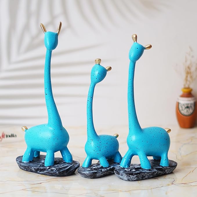 Ecraftindia Set of 3 Blue Polyresin Cute Giraffe Statues Animal Figurines