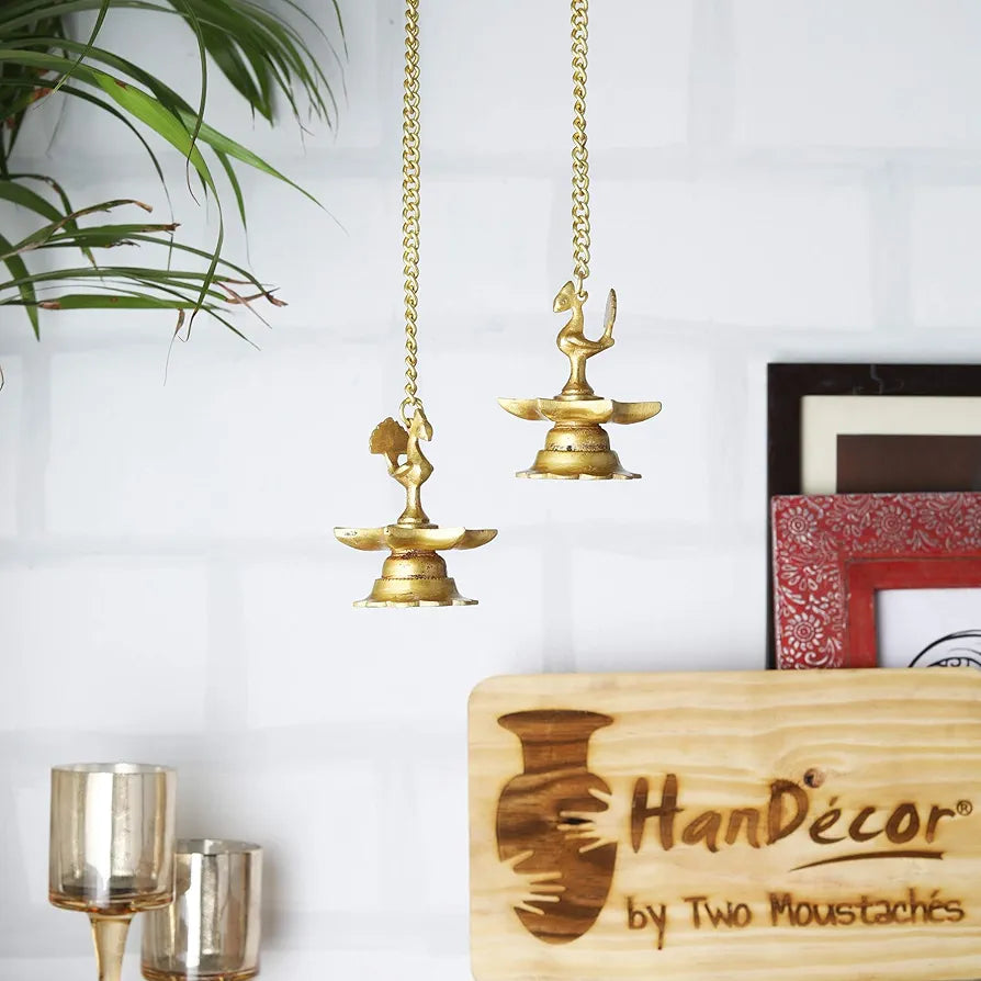 Two Moustaches Peacock Design Brass Hanging Diya Pair