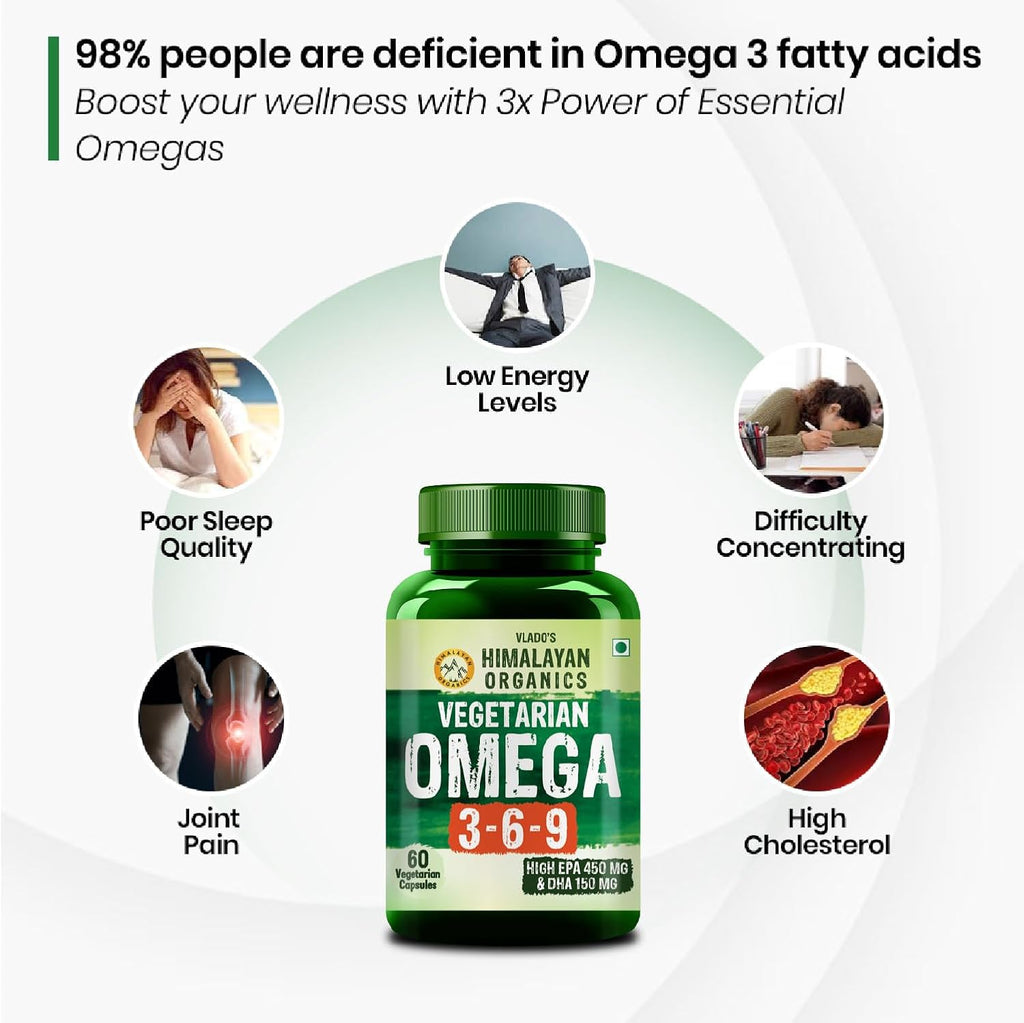 Vlado's Himalayan Organics Omega 3 6 9-2000mg/Serving I Vegetarian Omega 3 Supplement I Support Muscle,Bone,Heart & Skin - No Burps, No Fish Oil Used Capsules for Men & Women- 60 Capsules