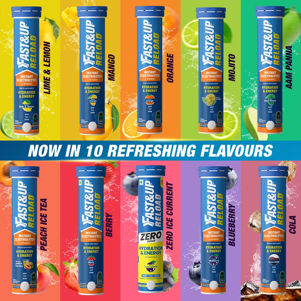 FAST&UP Reload Zero - Zero Sugar Instant Energy & Hydration Drink - Ice Current Flavour - 22 Effervescent Tablets