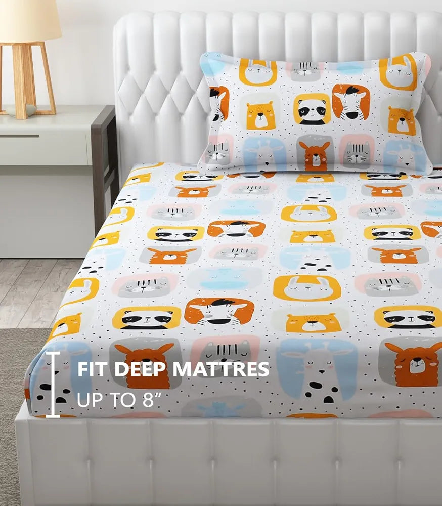 Fresh From Loom Glace Cotton 300 tc Elastic Fitted Cartoon Printed Cream Panda Smallsingle
