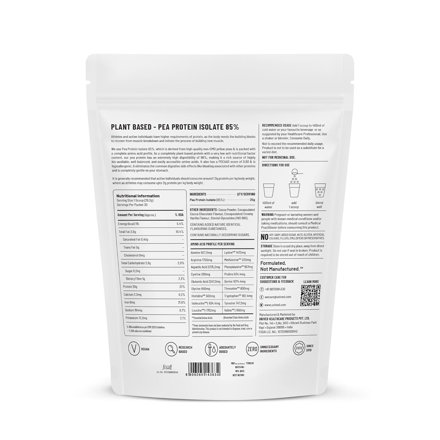 Unived Basics Protein, Pea Protein Isolate, 100% Vegan & Plant-Based, BCAAs, Amino Acid, For Lean Muscle Development, Non-GMO, Gluten & Dairy Free, Natural (Chocolate 30 Servings)