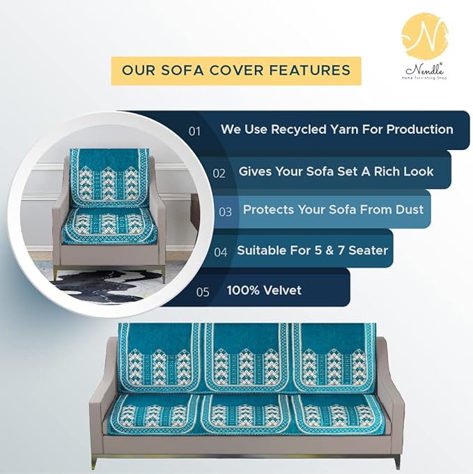 Nendle Luxurious Soft Velvet Abstract Design Sofa Cover 3 Seater and 2 Seater Pack of 4 Sky Blue Colour